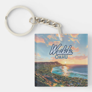 Waikiki Beach Honolulu Oahu Hawaii Retro Keychain