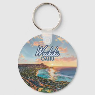 Waikiki Beach Honolulu Oahu Hawaii Retro Keychain
