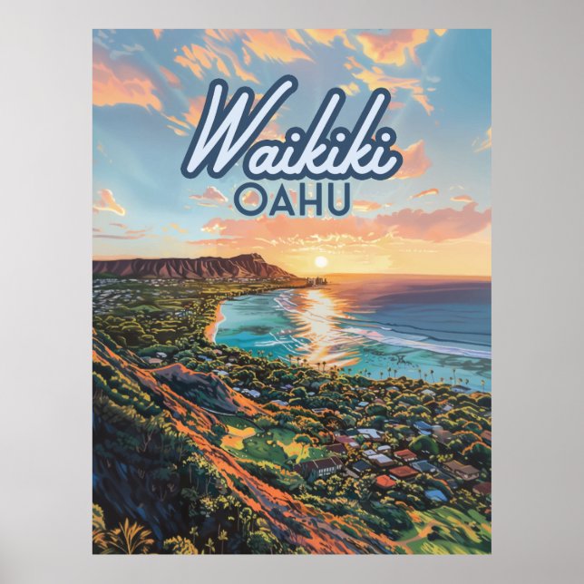 Waikiki Beach Honolulu Oahu Hawaii Retro Poster (Front)