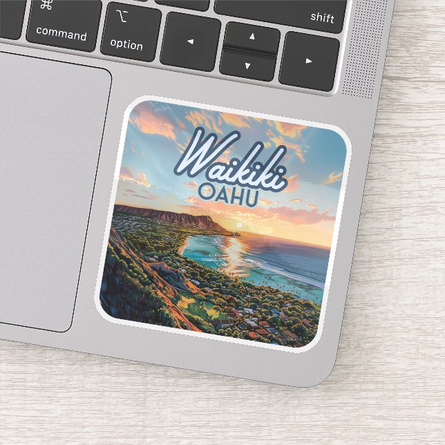 Waikiki Beach Honolulu Oahu Hawaii Retro Sticker (Detail)