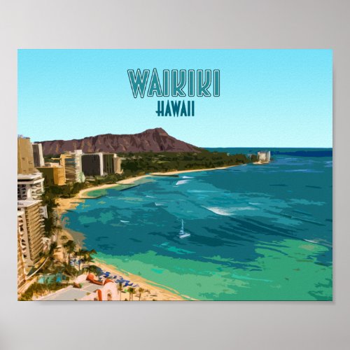 Waikiki Beach Honolulu Oahu Hawaii Vintage Poster