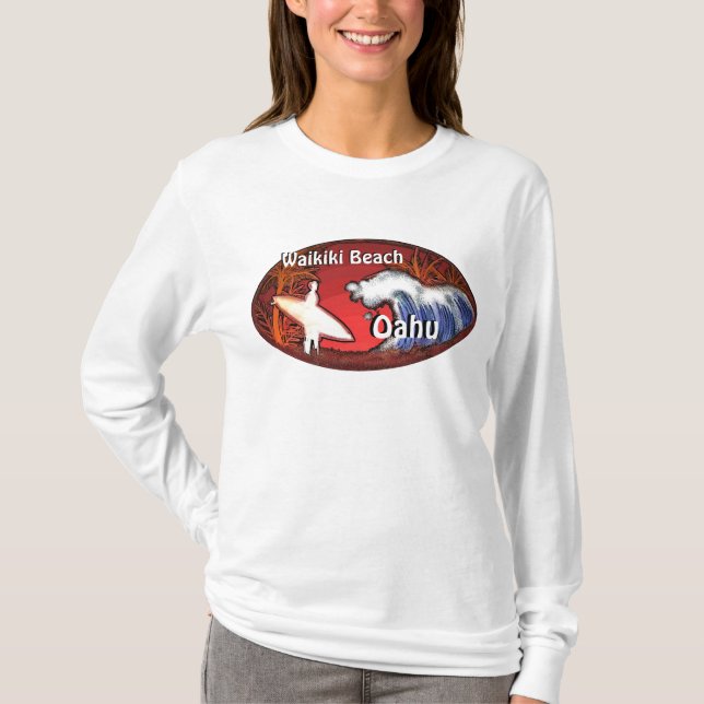 Waikiki Beach Oahu Hawaii surfer waves art hoodie T-Shirt (Front)