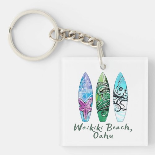 Waikiki Beach Oahu Watercolor Surfboards  Keychain