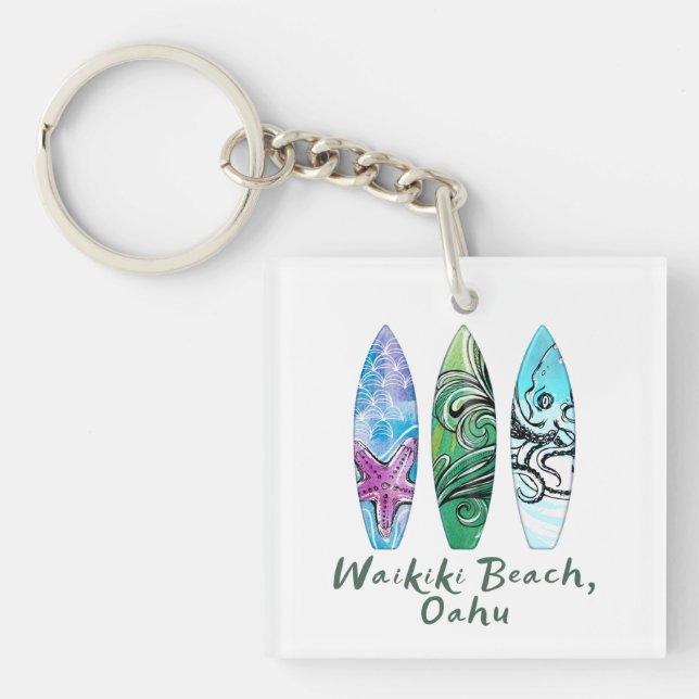 Waikiki Beach Oahu Watercolor Surfboards  Keychain (Front)