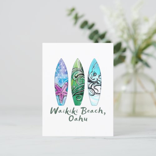 Waikiki Beach Oahu Watercolor Surfboards  Postcard