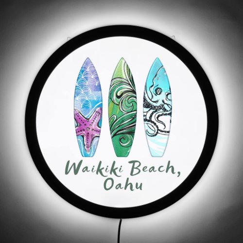 Waikiki Beach Oahu Watercolor Surfboards Square LED Sign
