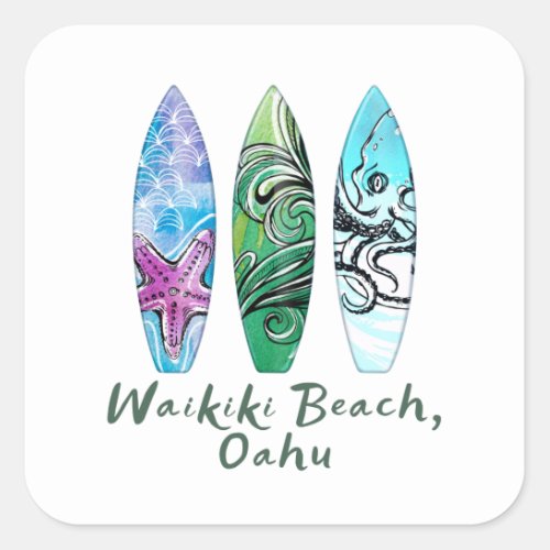 Waikiki Beach Oahu Watercolor Surfboards  Square Sticker