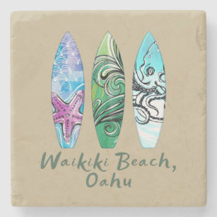 Waikiki Beach Oahu Watercolor Surfboards  Stone Coaster