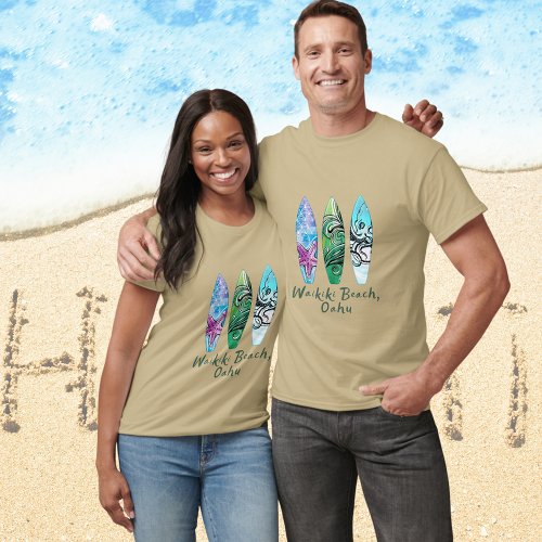 Waikiki Beach Oahu Watercolor Surfboards  T_Shirt