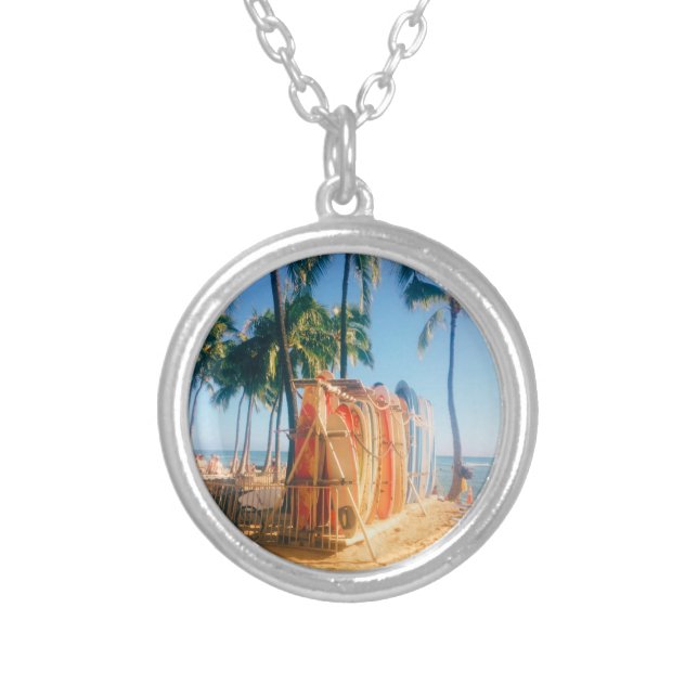 Waikiki Beach Surfboards  Silver Plated Necklace (Front)