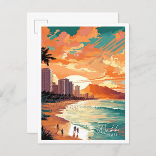 Waikiki Hawaii Art vintage travel illustration Postcard
