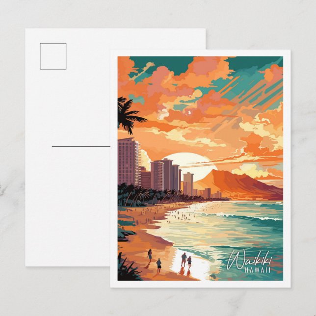 Waikiki Hawaii Art vintage travel illustration Postcard (Front/Back)
