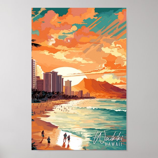 Waikiki Hawaii Art vintage travel illustration Poster (Front)