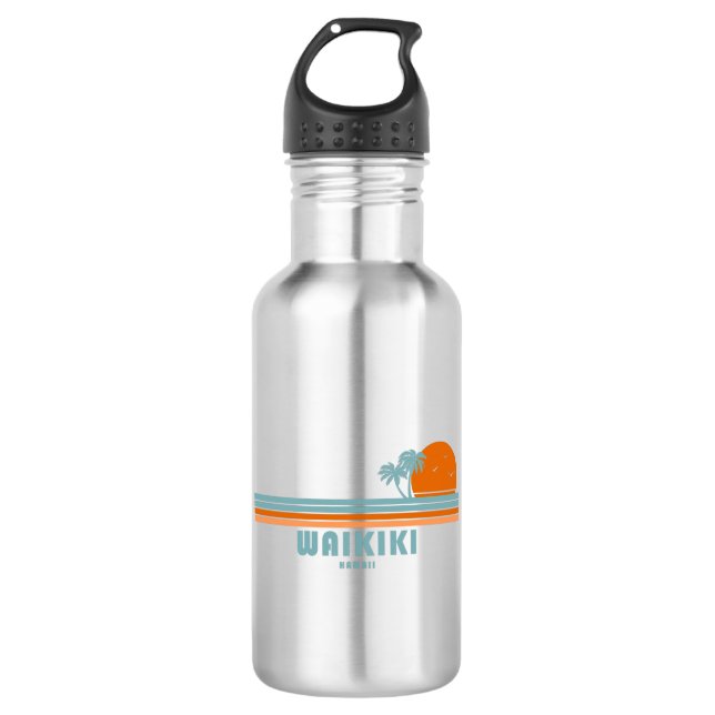 Waikiki Hawaii Sun Palm Trees Stainless Steel Water Bottle (Front)