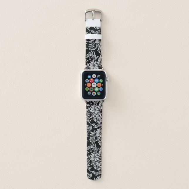 Waikiki Hibiscus Hawaiian Aloha Floral Black Apple Watch Band (Front)