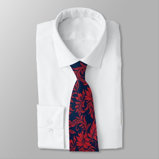 Waikiki Hibiscus Hawaiian Two-sided Printed Tie (Tied)