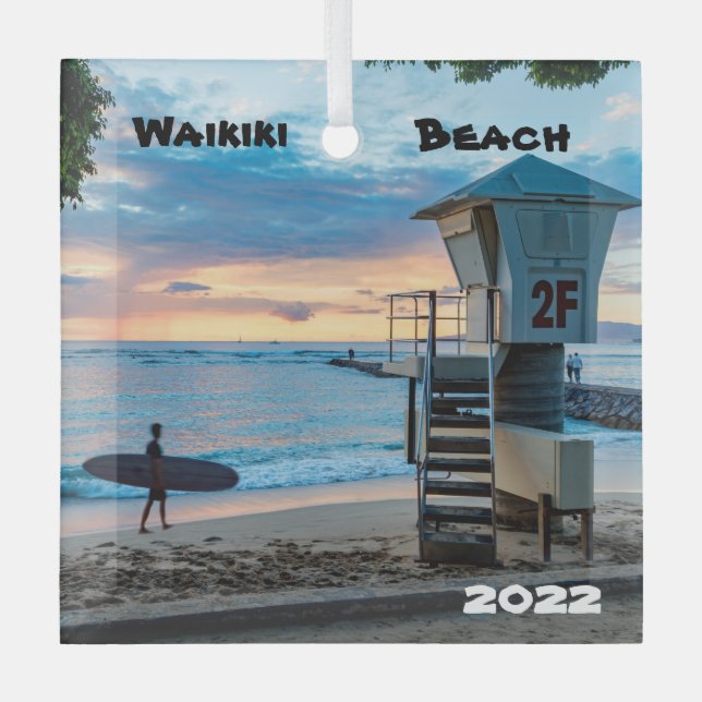 Waikiki O'ahu, Queen's Beach, Glass Ornament (Front)