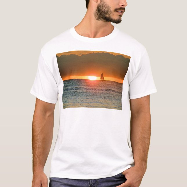 Waikiki Sunset with Sailboat Silhouette, Hawaii T-Shirt (Front)