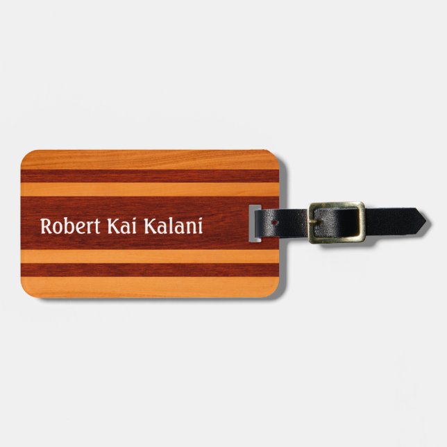 Waikokos Hawaiian Faux Wood Surfboard Monogram Luggage Tag (Front Horizontal)