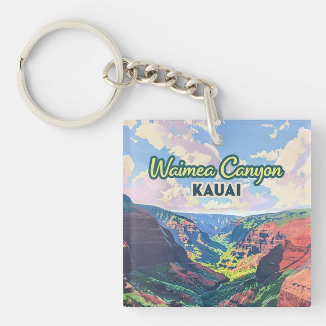 Waimea Canyon Kauai Hawaii Landscape Retro Keychain (Front)