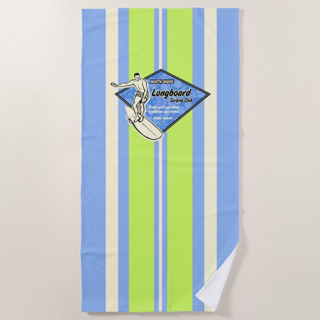 Waimea Striped Surfboard Hawaiian Surfer - Blue Beach Towel (Front)