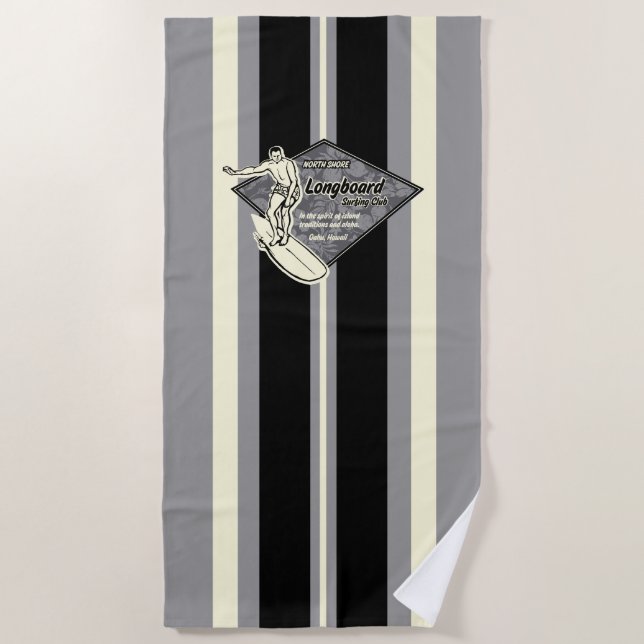 Waimea Striped Surfboard Hawaiian Surfer - Gray Beach Towel (Front)