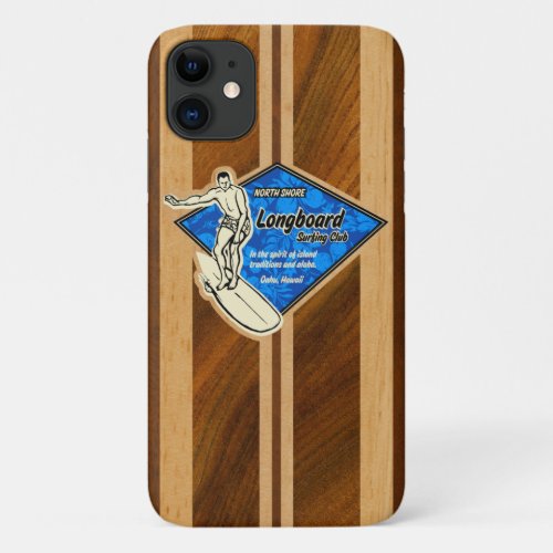 Waimea Surfboard Hawaiian Faux Koa Wood Blue iPhone 11 Case