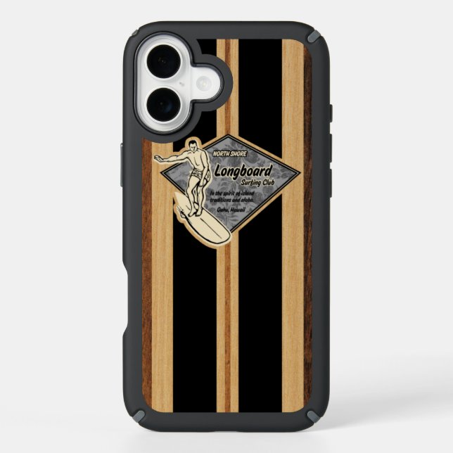 Waimea Surfboard Hawaiian Faux Wood Black Speck iPhone Case (Front)