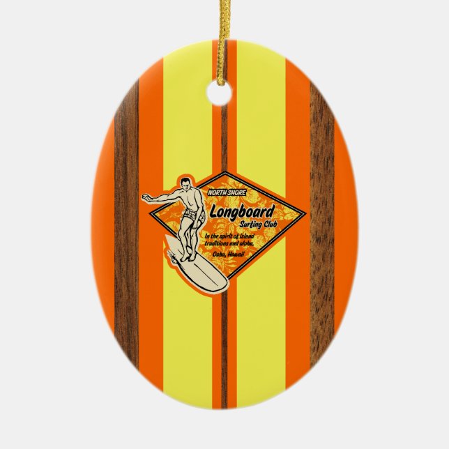 Waimea Surfboard Hawaiian Faux Wood Ceramic Ornament (Front)