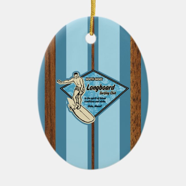 Waimea Surfboard Hawaiian Faux Wood Ceramic Ornament (Front)