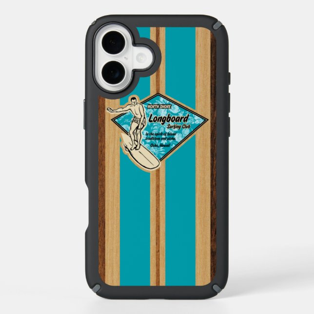 Waimea Surfboard Hawaiian Faux Wood Teal Speck iPhone Case (Front)