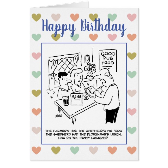 Waiter in Pub Asks if Customers Fancy Lasagna Cards (Front)