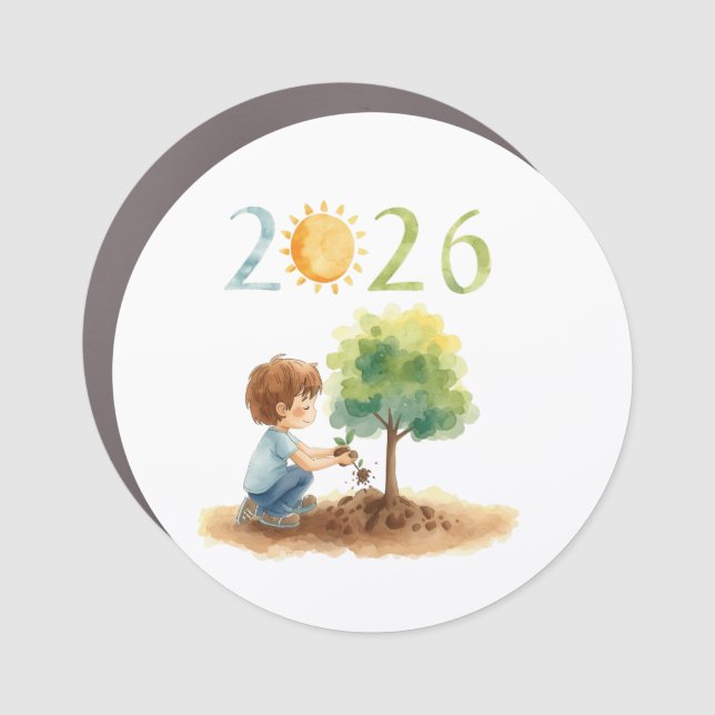Waiting for 2026 – Boy Planting a Tree for the New Car Magnet (Front)