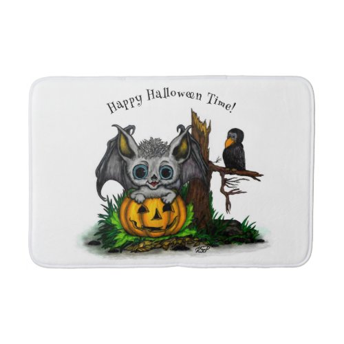 Waiting for Halloween  Cute Bat and Raven Bath Mat