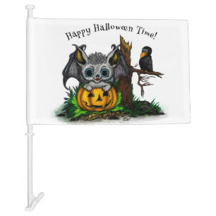 Waiting for Halloween , Cute Bat and Raven Car Flag