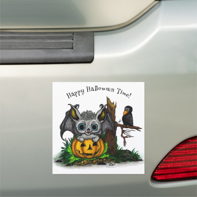 Waiting for Halloween , Cute Bat and Raven Car Magnet (In Situ)