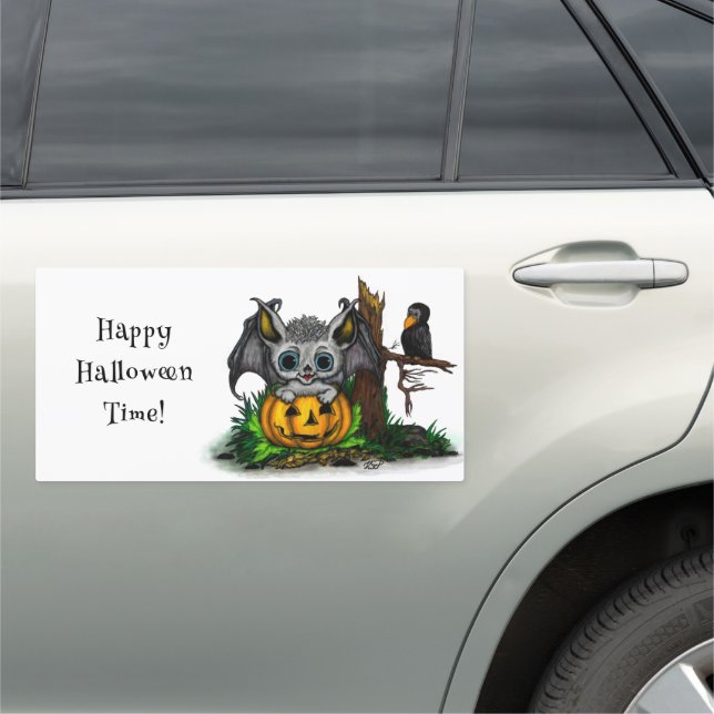 Waiting for Halloween , Cute Bat and Raven Car Magnet (In Situ)