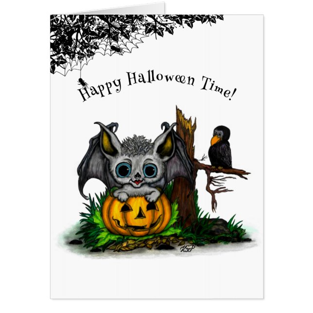 Waiting for Halloween , Cute Bat and Raven Card (Front)