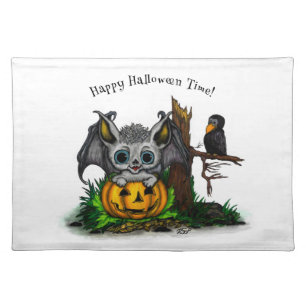 Waiting for Halloween , Cute Bat and Raven Cloth Placemat