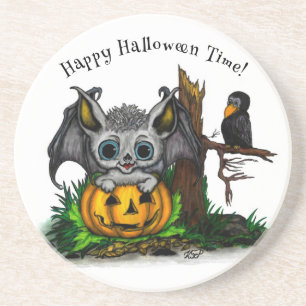 Waiting for Halloween , Cute Bat and Raven Coaster