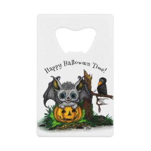 Waiting for Halloween , Cute Bat and Raven Credit Card Bottle Opener