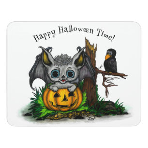 Waiting for Halloween , Cute Bat and Raven Door Sign