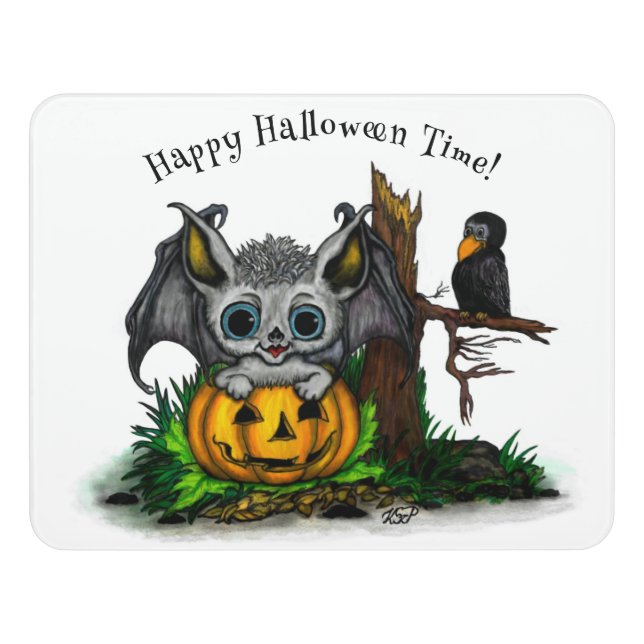 Waiting for Halloween , Cute Bat and Raven Door Sign (Contemporary Front)