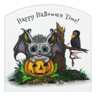 Waiting for Halloween , Cute Bat and Raven Door Sign