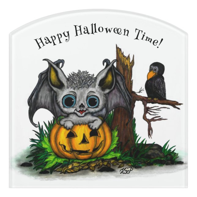 Waiting for Halloween , Cute Bat and Raven Door Sign (Contour Front)