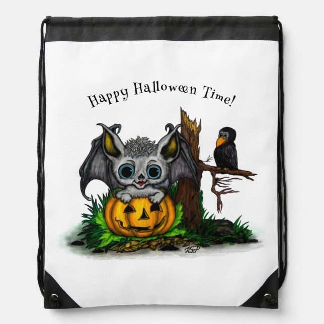 Waiting for Halloween , Cute Bat and Raven Drawstring Bag (Front)