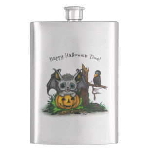 Waiting for Halloween , Cute Bat and Raven Flask