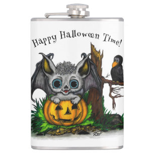Waiting for Halloween , Cute Bat and Raven Flask