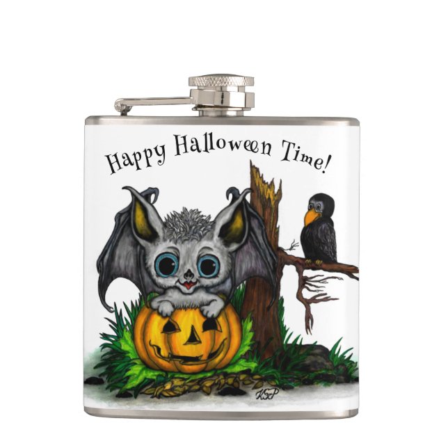 Waiting for Halloween , Cute Bat and Raven Flask (Front)