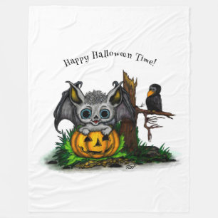 Waiting for Halloween , Cute Bat and Raven Fleece Blanket